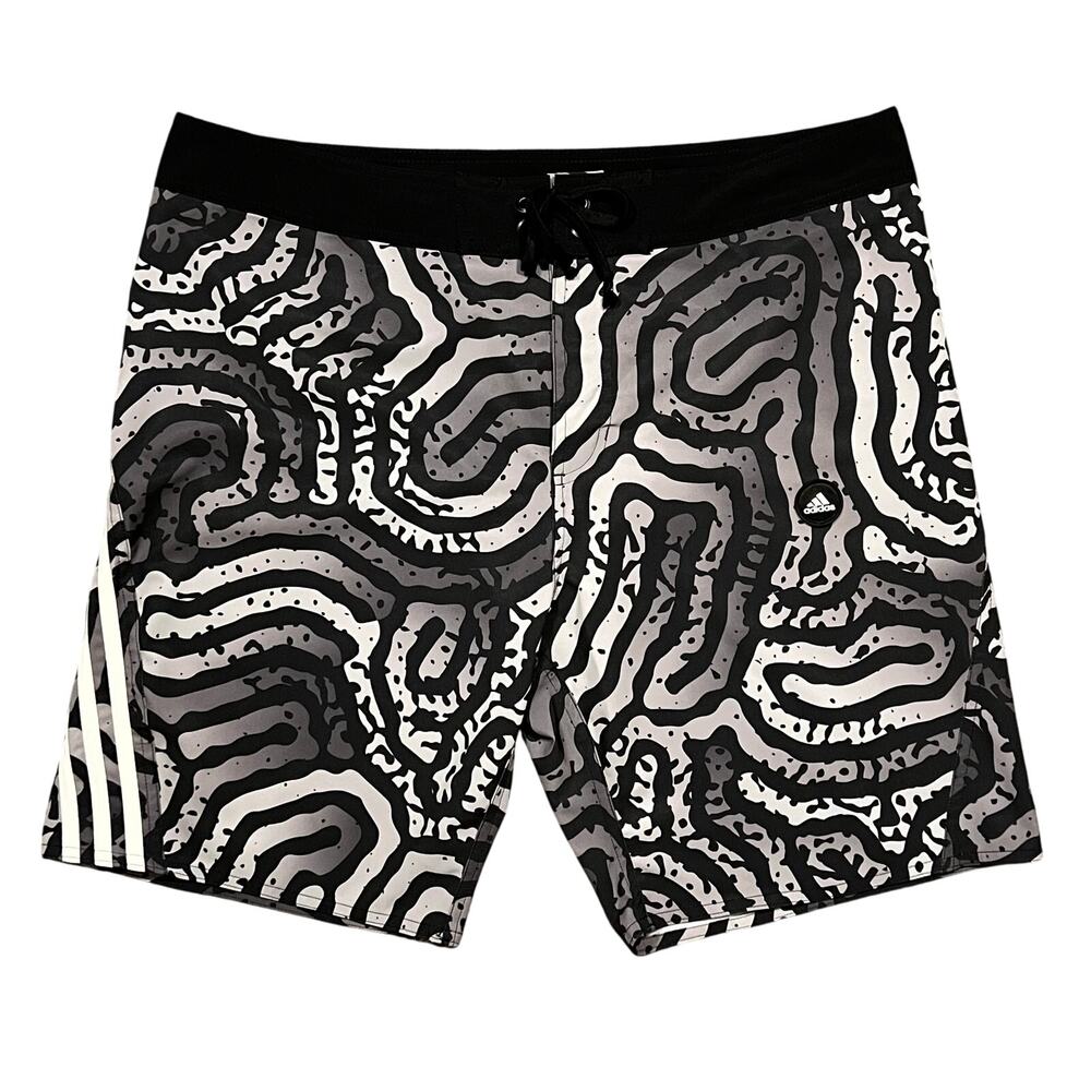 Adidas Colmaze Tech CL Black Gray Abstract 8" Swim Trunk Board Shorts Mens 34